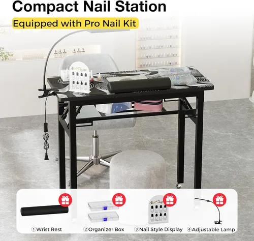 Miniatura 4 de Mesa de manicura plegable portátil con colector de polvo, escritorio de tecnología de uñas rodante con lámpara LED, reposamuñecas, ruedas