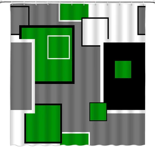 Miniatura 7 de Cortina de ducha moderna geométrica azul gris negro abstracto geométrico de mediados de siglo, moderno juego de decoración de baño con ganchos