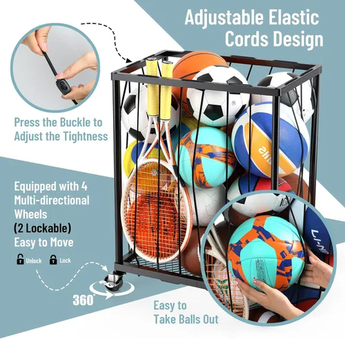 Miniatura 3 de TomCare Estante de almacenamiento rodante para pelotas de garaje, soporte de baloncesto de gran capacidad con cuerda elástica