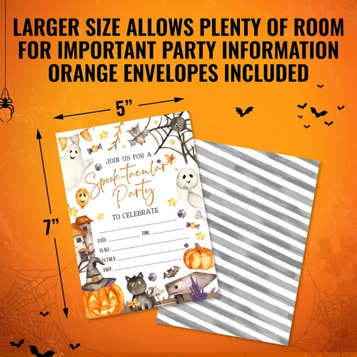 Miniatura 2 de 25 invitaciones espeluznantes de Halloween o fiesta de disfraces: tarjetas grandes de doble cara de 5 x 7 pulgadas con sobres naranjas, calabaza