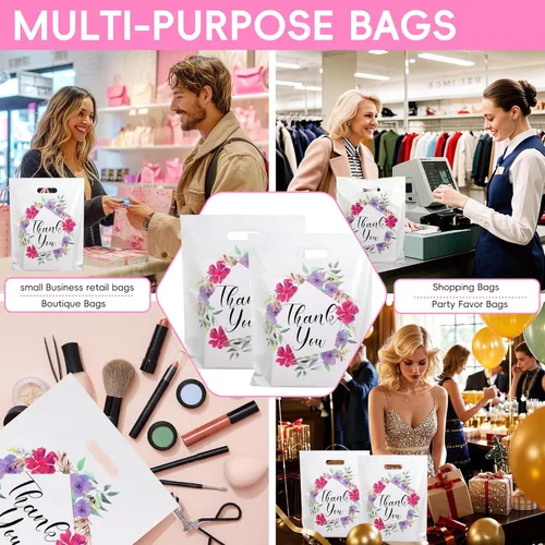 Miniatura 7 de Bolsas de regalo de agradecimiento de plástico floral a granel, bolsas de compras al por menor de 12 x 15 pulgadas con asas troqueladas, paquete