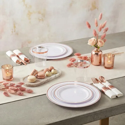 Miniatura 6 de WELLIFE 350 platos de plástico de oro rosa para 50 invitados, juego de vajilla de plástico, suministros para fiestas incluye 100 platos de oro rosa