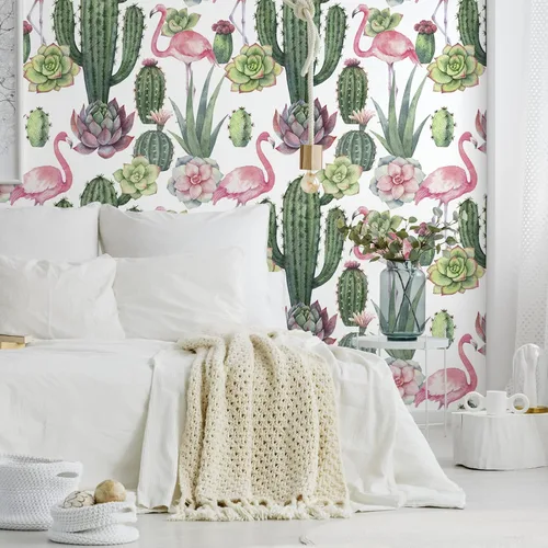 Miniatura 3 de VEELIKE Flamingos Cactus - Papel tapiz autoadhesivo para despegar y pegar de 17.7 x 118 pulgadas, diseño floral suculento verde tropical