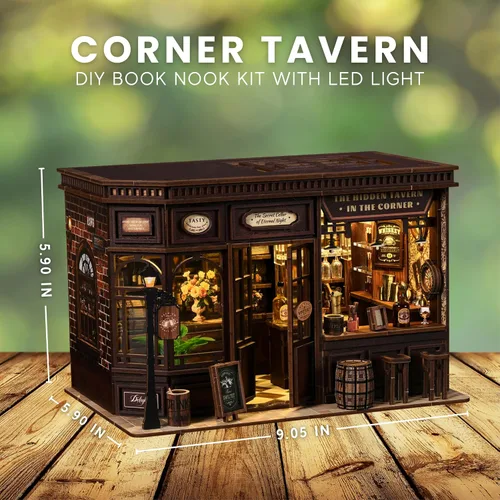 Miniatura 5 de Corner Tavern - Kit de rincón de libro de bricolaje con luces LED, rompecabezas de madera 3D para adultos, 327 piezas, diorama inspirado en pub