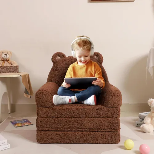 Miniatura 2 de MOMCAYWEX Sofá para niños, sofá Sherpa con cojines de espuma de tres capas, asientos cómodos para niños de 3 a 6 años, marrón
