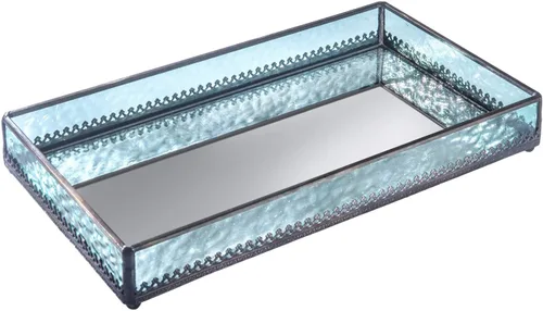 Miniatura 2 de Bandeja de cristal azul turquesa con fondo de espejo, decorativa para baño, tocador, cosméticos, maquillaje, exhibición, soporte para perfumes