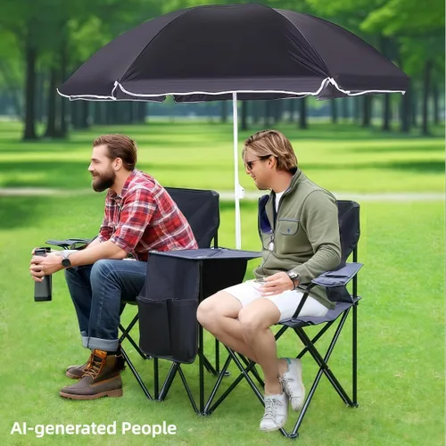 Miniatura 2 de Double Camping Chair with Canopy, with Cup Holder and Side Storage Pockets, for Beach, Camping and Fishing (Black)
