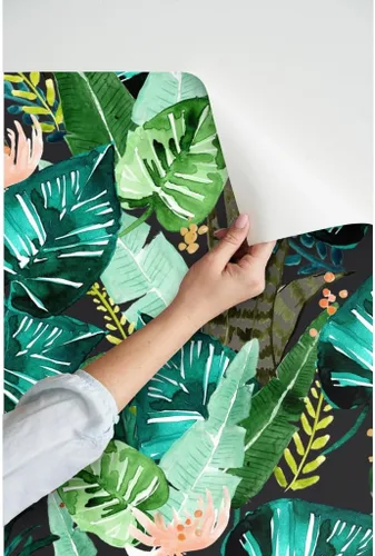 Miniatura 3 de Spoonflower Papel tapiz para despegar y pegar, hojas oscuras tropicales, hojas de plátano, selva, palma, verde, papel tapiz extraíble personalizado