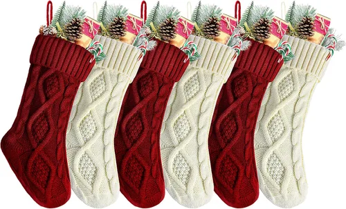 Paquete de 6, 14" Medias de Navidad de Punto Únicas Color Borgoña y Blanco Marfil Estilo2