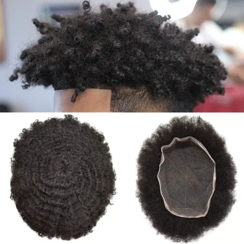 Miniatura 20 de Afro Toupee Hair Piece para hombres negros Encaje suizo completo Afro Hombres Toupee cabello humano rizado hombres onda unidades de cabello