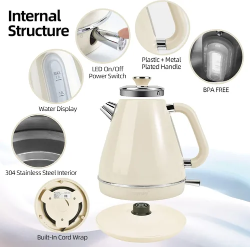 Miniatura 3 de Hervidor eléctrico de 1,7 litros, estilo retro, para encimera de cocina, café, té, agua caliente, doble pared, acero inoxidable 304, sin BPA