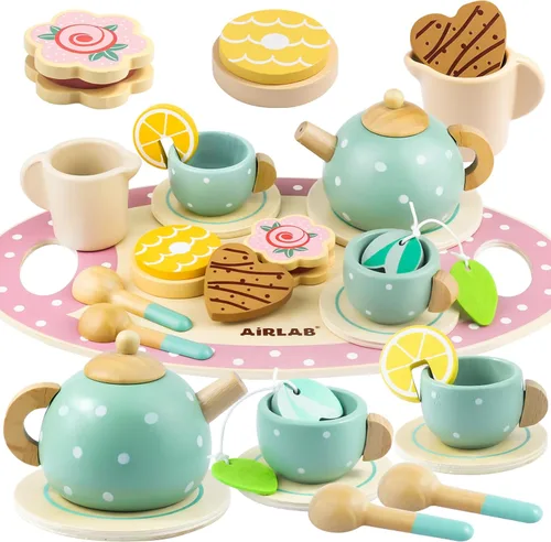 Juego de té de madera para niñas pequeñas, juego de comida de simulación, accesorios de cocina para niñas de 3, 4, 5 años, niñas y niños pequeños,