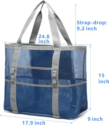 Miniatura 6 de F-color Bolsa de playa, bolsa de playa de malla de gran tamaño, 9 bolsillos, bolsa de toalla de playa