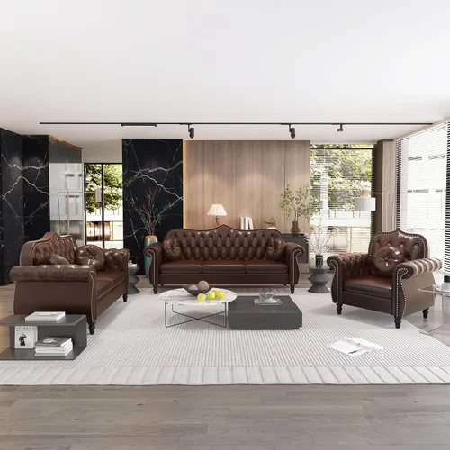 Miniatura 12 de AVZEAR 82" Sofá de tres plazas de cuero, sofá Chesterfield, sofá tapizado en PU de estilo moderno de mediados de siglo, sofá de sala de estar