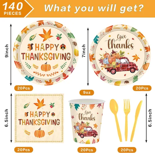 Miniatura 2 de 140 piezas Decoraciones de Fiesta de Acción de Gracias Feliz Otoño Platos de Hojas de Arce y Servilletas Juego de Vajilla para Cosecha de Otoño
