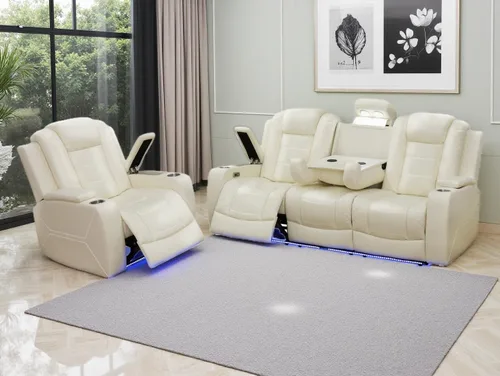 Miniatura 37 de Juego de sofá reclinable eléctrico, seccional de cuero transpirable beige, juego de muebles de sala de estar, 2 piezas, sofá reclinable eléctrico