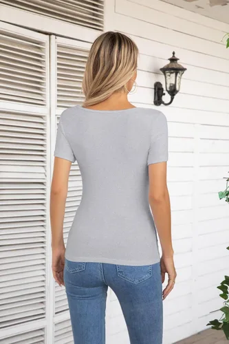 Miniatura 4 de VICHYIE Camisas de verano para mujer, cuello redondo, manga corta, acanaladas, ajustadas, casuales, básicas