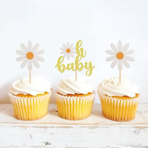 Miniatura 3 de Paquete de 24 adornos para cupcakes Daisy Oh Baby White Daisy para cupcakes temáticos boho Groovy Daisy, revelación de género de bebé, flores