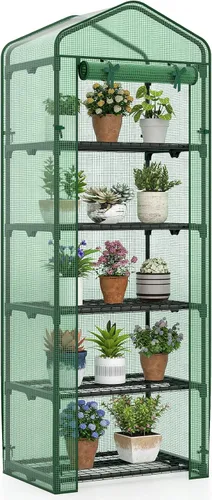 Miniatura 10 de Giantex Mini invernadero para interiores y exteriores, 27 x 19 x 75 pulgadas, casa portátil de cultivo de plantas con estantes de 5 niveles