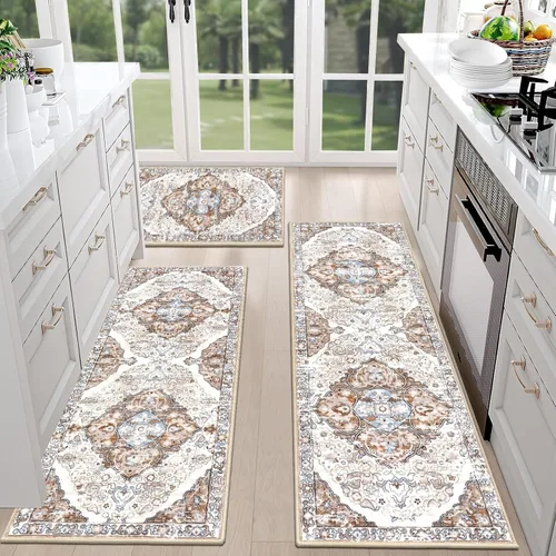 Miniatura 18 de HEBE - Juego de 3 alfombras de cocina de granja, antideslizantes, lavables, tapetes de cocina bohemios para suelo, alfombra de cocina, alfombra