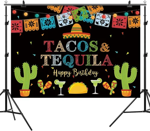 Miniatura 3 de Telón de fondo de fiesta mexicana de feliz cumpleaños, tacos y tequila, luces coloridas, fondo de fondo de cinco de mayo para fotos, fiesta