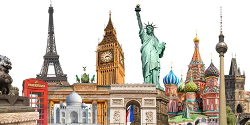 Marco de fotos laminado del mundo con collage de fotos, torre Eiffel, estatua de la libertad, póster de turismo de viaje, arte de pared de borrado