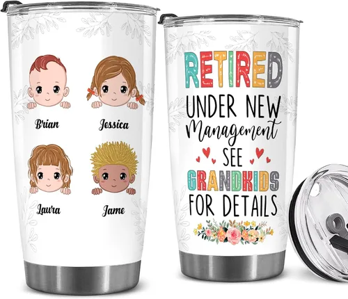 WHIDOBE Vaso de jubilado personalizado (4 niños) personalizado para jubilados bajo nueva administración, mira a los nietos para obtener detalles,