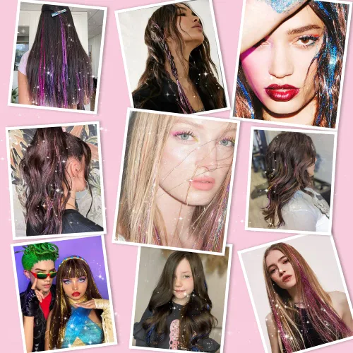 Miniatura 5 de Paquete de 12 extensiones de cabello de oropel con clip, paquete de 12 unidades, 20 pulgadas, extensiones de cabello de oropel con purpurina, negro#