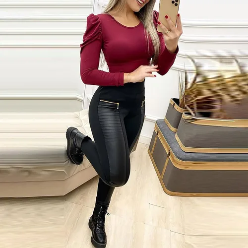 Miniatura 3 de Maryia Leggings elásticos de piel sintética para mujer, con parche de cintura alta, con forma elástica, con botas Martin