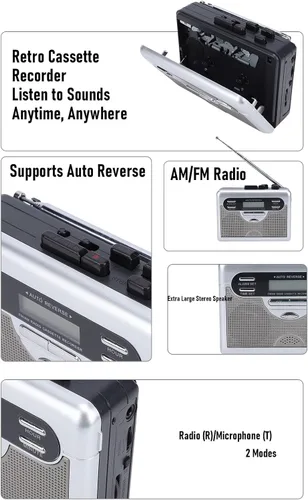 Miniatura 5 de Bewinner Reproductor de cassette AM FM Radio, grabadora de cinta de casete retro con temporizador de reloj digital, altavoz integrado y conector