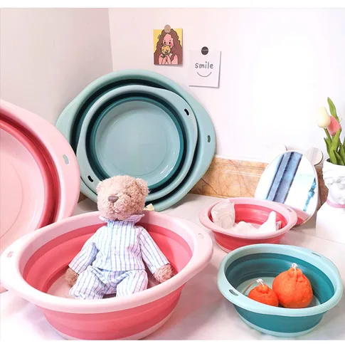 Miniatura 6 de Juego de 3 lavabos plegables para bebés y niños, para viajes a casa, juego de 3 tamaños diferentes, color azul