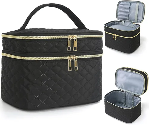 Bolsa de maquillaje de viaje para mujer, estuche grande para cosméticos, resistente al agua, organizador para guardar artículos de tocador, A-Negro