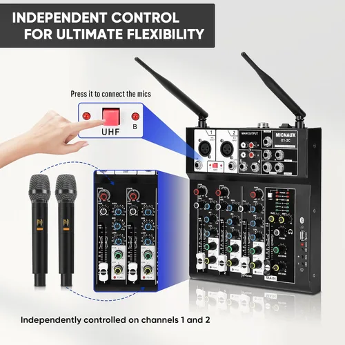 Miniatura 3 de Mezclador de audio de 4 canales, mezclador de karaoke con micrófonos inalámbricos duales, tablero de sonido profesional, consola de mezcla de DJ
