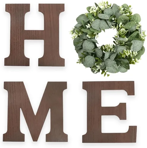 Miniatura 10 de Cartel colgante de madera con letras en inglés «HOME» (Hogar) con corona de eucalipto artificial para la letra «O», decoración de pared estilo Negro