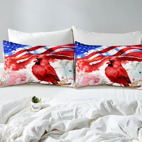 Miniatura 4 de Erosebridal Juego de sábanas de cardenal con bandera estadounidense, tamaño individual, coloridas flores florales, sábana bajera ajustable con ramas