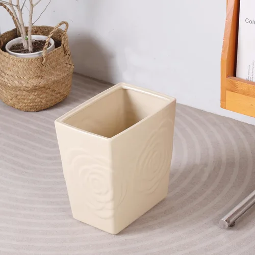 Miniatura 3 de Basurero de cerámica beige con rosa – Cubo de basura pequeño de 2.5 galones para baño y cocina, cesta de basura decorativa para dormitorio, oficina