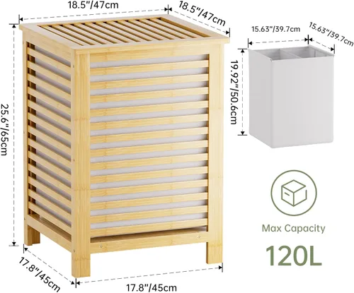Miniatura 5 de SMIBUY Cesta de lavandería doble con tapa, cesta de lavandería de bambú de 120L con bolsa interior extraíble, clasificador de ropa de 2 secciones