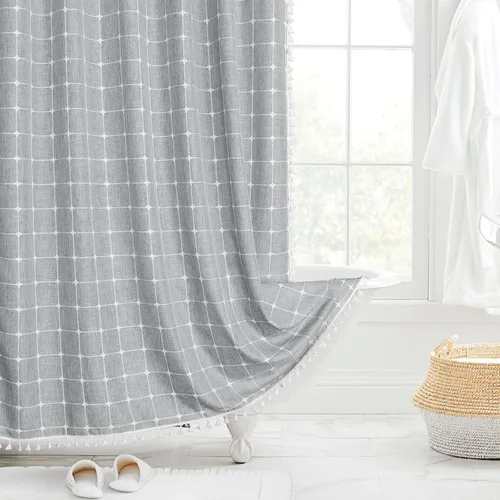Miniatura 28 de MitoVilla Juego de cortinas de ducha estilo bohemio, modernas cortinas de ducha bohemias para decoración de baño, cortina de ducha de tela de lino