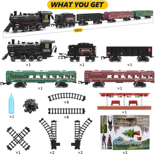 Miniatura 7 de Juego de tren para niños, tren de locomotora de vapor con coche de carbón, vagón de pasajeros, coche de carga y pistas largas, kits de tren