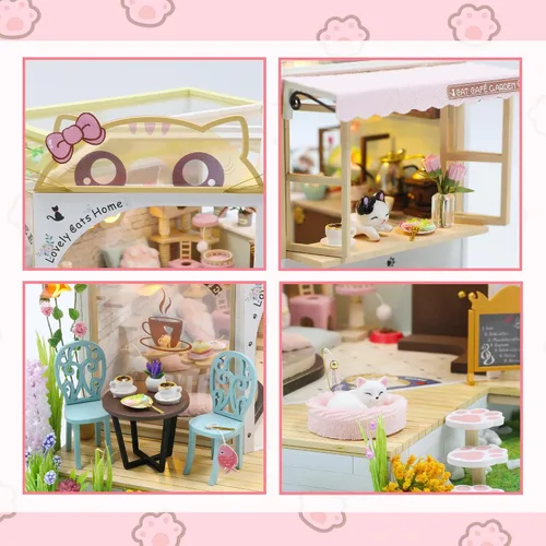 Miniatura 8 de Flever Kit de casa de muñecas en miniatura para bricolaje, habitación creativa con muebles para regalo romántico de San Valentín (Cat Cafe Garden)