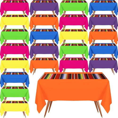 Hosuly Mantel de fiesta mexicana de 54 x 108 pulgadas, mantel de plástico a rayas para decoración de fiesta mexicana (puro con rayas, 24 unidades)