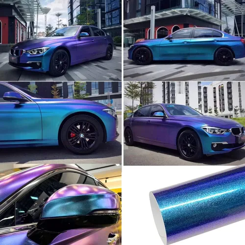 Miniatura 3 de Vinilo adhesivo de coche de color morado metálico brillante a azul camaleón, cinta adhesiva de película adhesiva de liberación de aire