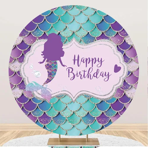 Laeacco Telón de fondo redondo de cumpleaños de sirena, 7 x 7 pies, poliéster degradado de escamas verdes, fondo de fotografía de cumpleaños,