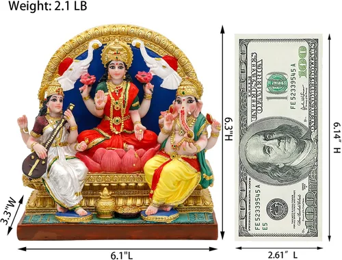 Miniatura 6 de alikiki Lakshmi Ganesha Saraswati Estatua de 6.3 pulgadas de alto, figura de ídolo indio Laxmi Ganesh, artículo hindú para oficina en casa, templo