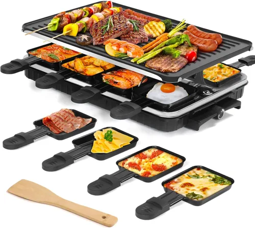 Parrilla de Mesa Raclette, Parrilla Interior para Barbacoa Coreana Eléctrica Plancha Eléctrica 2 en 1 Antiadherente con 8 Bandejas para Queso