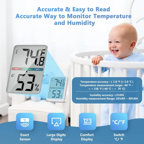 Miniatura 3 de Termómetro digital higrómetro Thlevel, termómetro de habitación con pantalla LCD grande, termómetro de pared de humedad interior con alta precisión
