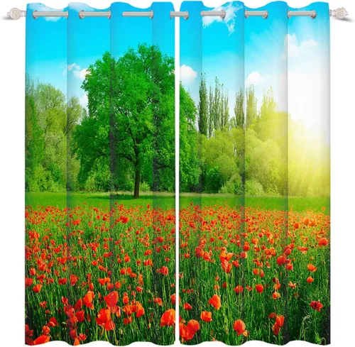 Miniatura 11 de Renaiss Cortinas de ventana con diseño de cerezo Fuji, tratamiento de ventana de cielo azul, flores rosas, cortinas opacas de privacidad para hombre