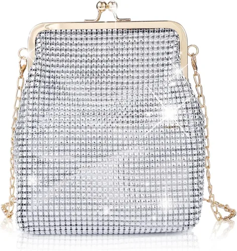 QLBO Pequeño bolso plateado brillante para mujer, bolso de mano plateado con lentejuelas, bolso de mano plateado con diamantes de imitación para
