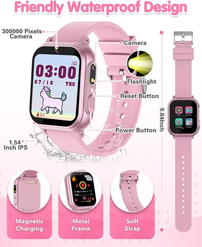 Miniatura 8 de Reloj inteligente impermeable para niños, niñas, juguetes para niñas de 6 a 8 años, reloj para niños con 32 juegos, cámara dual, pantalla táctil HD