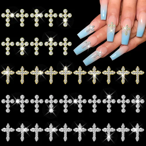 40 dijes de cruz 3D para uñas, dijes de cruz dorada y plateada para uñas, dijes de cruz con diamantes de imitación transparentes 3D, accesorios de